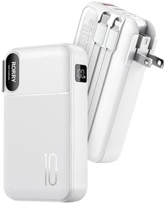 RORRY Portable Charger Built in Cables, AC Wall Plug In Portable Charger Power Bank 10000mAh Travel Battery Pack 22.5W Fast Charging for iPhone 17/16/15 Samsung Galaxy S25/S24/S23 Pixel LG iPad, White