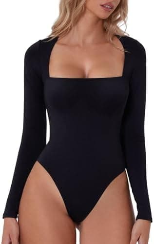 QINSEN Women's Sexy Square Neck Bodysuit Long Sleeve Double Lined Shirt Tops