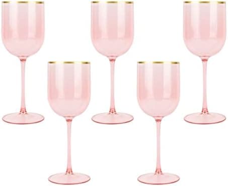 Pink Wine Cup with Gold rim Plastic Wine Glasses Set of 5 Elegant Wine Goblets Hard Plastic Wine Cups on Stem 12 Ounce