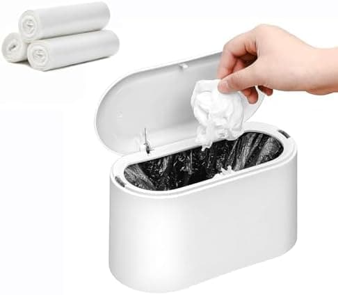 SUBEKYU Mini Trash Can with Lid,Small Desk Trash Can,Countertop Mini Garbage Cans,Tiny Waste Basket,White,with 3 roll Bags