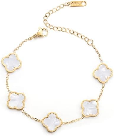 AIPPK 18K Gold Plated Clover Lucky Bracelet for Women White/Black/Red/Green Flower Four Leaf Link Bracelets Trendy Jewelry Gifts for Women