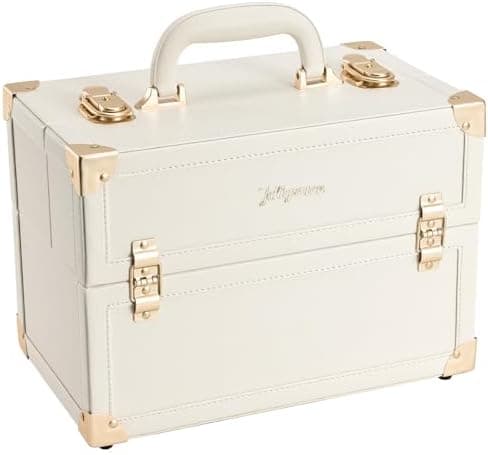 Joligrace Makeup Train Case Large Portable Cosmetic Makeup Storage Box Organizer Lockable with 4 Tray Compartments Retro Champagne Beige Vegan Leather
