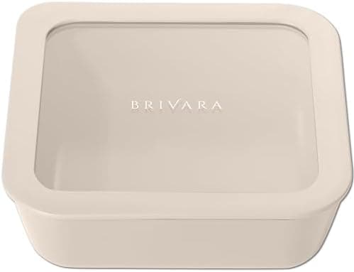 BRIVARA HOME Ceramic Coated Glass Food Storage Container | No PTFE, PFOA, PFAS, and BPA | Reusable Non Toxic Meal Prep Container with Glass Lid | Easy To Store | 5 Cup Square [Crema]