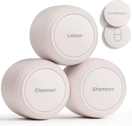 Trimcoo New Travel Toiletry Containers [Ultra Leakproof] TSA-Approved, PLA Hard Shell Jars with 5 Magnetic Labels, Wide Mouth Bottles for Lotion, Cleanser, Shampoo, Conditioner, Beige, 3 Pack, 1OZ