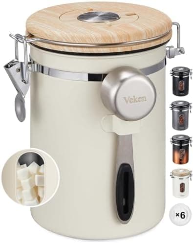 Veken Coffee Sugar Canister with Window, Easter Gifts Airtight Stainless Steel Container with Lids, Home Kitchen Food Storage Jars for Grounds, Beans, Tea, Flour, Cereal, Basket, Scoop, 22OZ, Cream