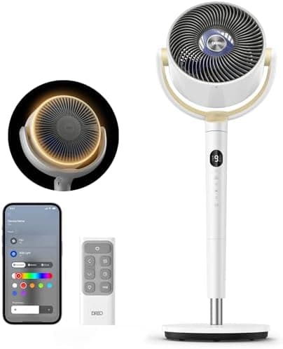 DREO Smart Fan for Bedroom, 120° +120° Omni-Directional Oscillating Fans, 100ft Quiet Pedestal Fan with RGB Light, 9 Speeds, 6 Modes, 20dB, 8H Timer, Wi-Fi/Voice/Alexa, 37-42" Floor Fans with Remote