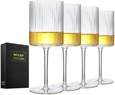 Large Ribbed Square Wine Glasses Set of 4 Crystal,17oz Clear Cylinder Fluted Glassware Flat Bottom,Hand Blown White Red Wine Glass with Long Stem,Copas de Vino,Modern Unique Gift for Wedding,Party