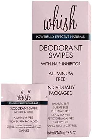Whish Deodorant Swipes - With Natural Hair Inhibitor - Aluminum Free Deodorant Wipes - Refreshing On-The-Go Armpit Wipes - Individually Wrapped - Paraben & Sulfate Free - 30 Count
