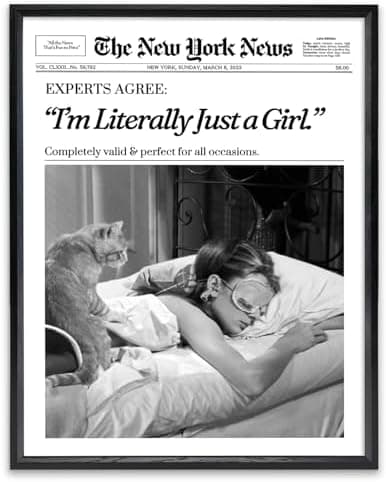 KBKBART Framed Wall Art, Trendy New York Magazine, 12x16 in Black and White Newspaper I'm Literally Just a Girl Canvas Wall Art, Home Decor, Set of 1 For Bedroom Living Room