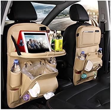 Appleya Leather Car Seat Back Organizer Tray Travel Car Storage Organizer Pad Bag with Foldable Table Car Trash Can Auto Accessories (Color : Beige)