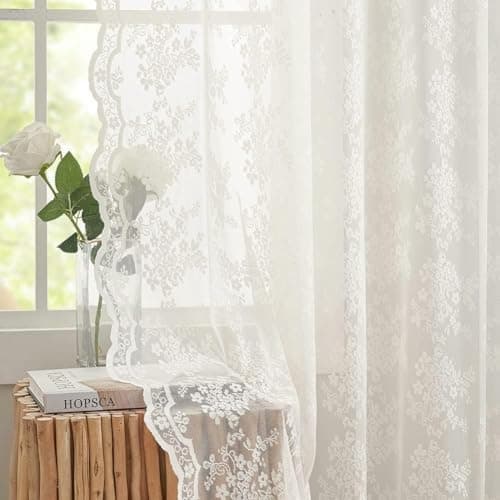 102 Inch Long Lace Curtains Custom Length Fancy Flower Pattern Sheer Drapes Farmhouse Ivory Cream Light Filtering Curtains 102 Length 2 Panels Set for Patio Sliding Door Bedroom ,52x102 Inch Off White