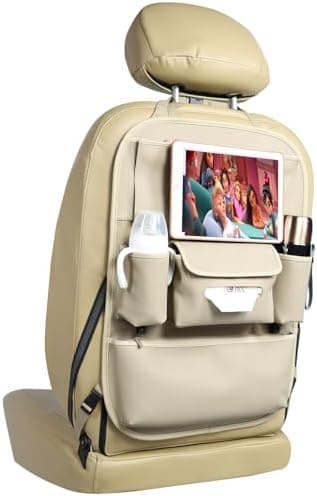 Viaviat Car Seat Organizers Waterproof Backseat Protector with Storage Pocket Large Leather Kick Mats for Kids Pets Automobile SUV Truck (Beige, Large Pocket)