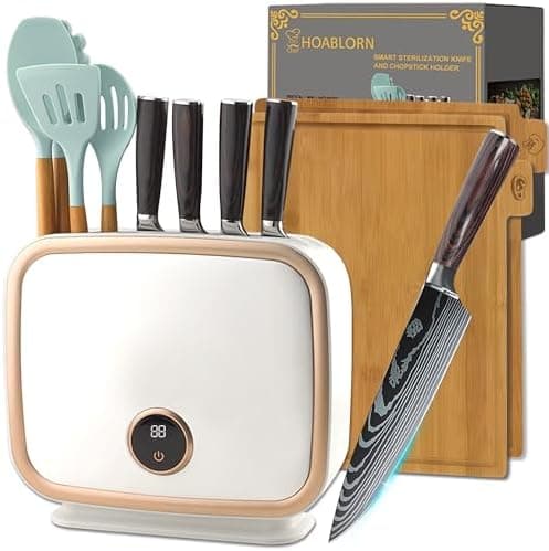 ChefHoablorn Kitchen Knife Block Set 4 Professional Damascus Knives,Beautiful Intelligent Knife Block 110V 70℃Hot Air Drying Cleanliness,with Raw Food Cooked Food Cutting Boards,4 Kitchen Utensils