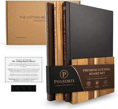 PEGSORIX The Cutting Board Library™ (Original Design) | Decorative Kitchen Board Collection Bundle with Display Stand | Premium Acacia Wood | Stabilized Non-Slip Base