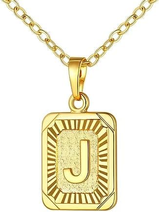 U7 Square Initial Necklace for Women, Gold/Platinum Plated A-Z 26 Letters Pendant Necklace, Large Capital Monogram Retangle Tag Necklace, Resizable Chain 20"-22"