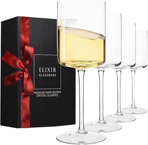 ELIXIR Premium Square White & Red Wine Glasses Set of 4-14oz - Unique Hand Blown Red or White Wine Glass in Gift Packaging - Crystal Vintage Large Glasses with Stem