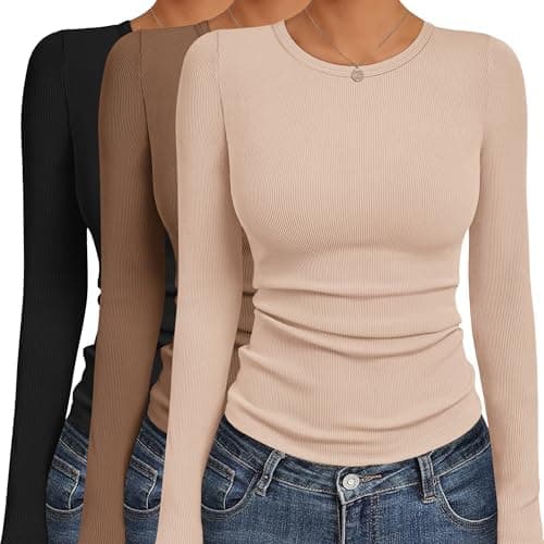 Ekouaer Women's Long Sleeve Shirts 3 Packs Crew Neck Stretchy Fitted Tops Ribbed Base Layer Soft Thermal Undershirts Tee