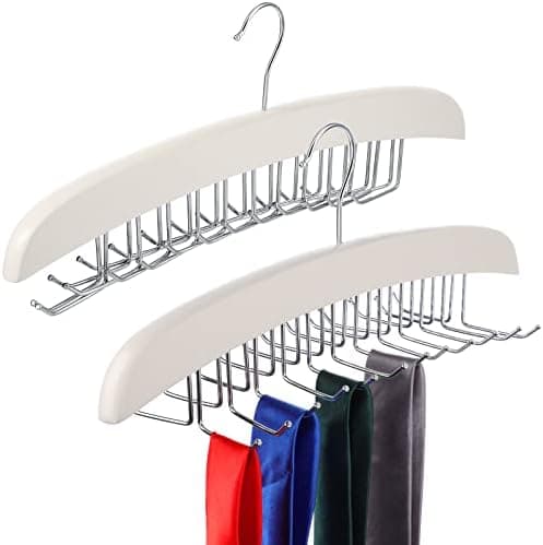 Jetec 2 Pieces Tie Rack Tie Hanger 24 Hooks Wooden Tie Rack Hanger for Closet 360 Degree Rotating Belt Holder Tie Organizer for Men Women Bras Tank Tops Camisoles(White)