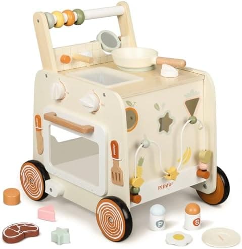 Pithfor Wooden Baby Walker, 3-in-1 Baby Push Walker, with Pretend Kitchen, Montessori Sensory Activity Center, Push Walker Toys for Babies Learning to Walk, Sit-to-Stand