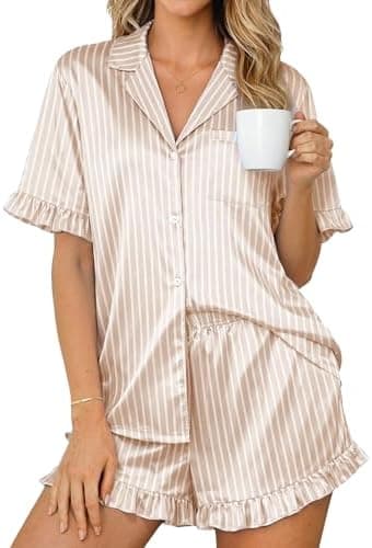 Ekouaer Womens Satin Pajamas Set 2 Piece Button Down Silk Pjs Ruffle Short Sleeve Shorts Set Notch Collar Sleepwear