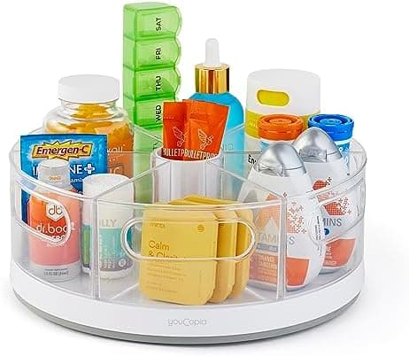 YouCopia Crazy Susan Lazy Susan Organizer, 6 BPA-Free Removable Clear Bins with Handles, Rotating Storage Turntable for Kitchen Cabinet, Pantry and Bathroom Organization,White