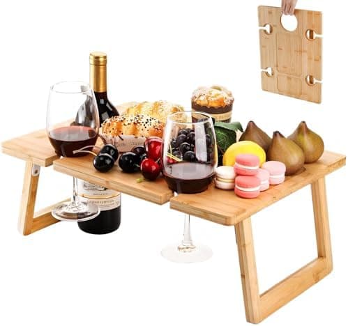 Peohud Portable Wine Picnic Table, Foldable Champagne Picnic Snack Table Tray, Wooden Outdoor Picnic Table with Glass Holder for Park, Beach, Camping, Bed, Wine Lover Gift