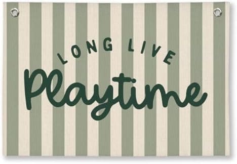 ShowDraven Playroom Decor, Long Live Playtime Wall Hanging Linen Banner, Green Striped Wall Flag for Play Room Decor, 20x30 Inch-Green