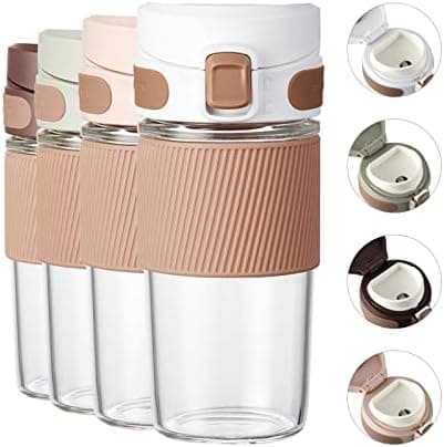 TKK Glass Travel Coffee Mug with Lid 15 OZ Leak Proof Reusable Coffee Cup with Silicone Sleeve - BPA Free, White-NEW