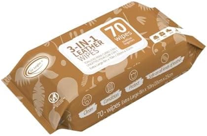 Air Jungles 3in1 Leather Cleaner Wipes 70 Count, Extra Large 8" x 10" Size, Clean Condition Protect Wipes for Vinyl and Leather Apparel Furniture Auto Car Interior Shoes Boots Bags