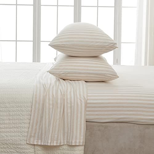 4 Piece Jersey Knit King Cotton Blend Oatmeal Sheet Set | Ultra-Soft T-Shirt Jersey Bedding Sheets & Pillowcases | Heathered, Breathable, All Season Bed Sheets (King, Oatmeal Stripe)
