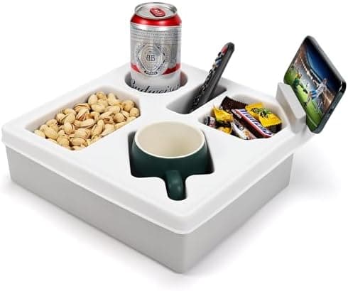 Couch Cup Holder Tray, Silicone Sofa Couch Caddy for Bed Car Seat Beach Organizer, Waterproof Cup Holder with Phone Stand for TV Remote, Snacks, Drinks, Cellphone (White)