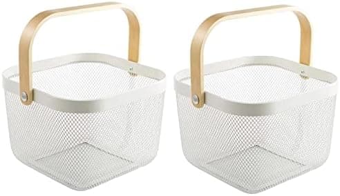 AJIODA 2 Pack Metal Mesh Steel Basket, Storage Organizer Basket Multi-function Hanging Kitchen Baskets Fruit Basket Bin with Wood Handle for Kitchen Bathroom Picnic Cabinet Home Decor, White