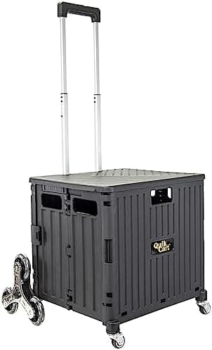 dbest Products Quik Cart Stair Climber Wheeled Rolling Crate Teacher Utility with seat Heavy Duty Collapsible Basket with Handle, 18" D x 17" W x 39" H, Black