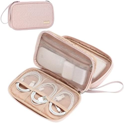 NISHEL Travel Cord Organizer Case, Double Layers Tech Electronic Bag, Essentials for Charger, Cable, Phone, Flash drive, Medium, Pink
