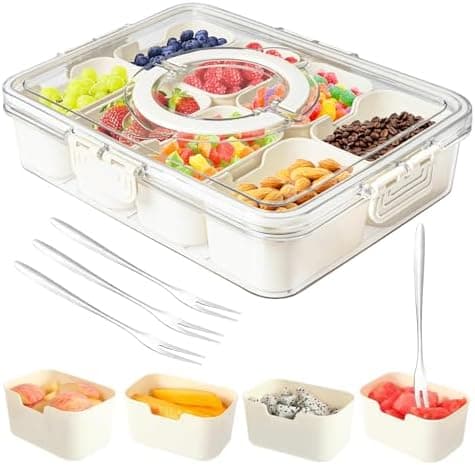 Dunruz Snackle Box Container,Portable Snack Box 8 Compartment Divided Serving Tray with Lid,Clear Storage Organizer for Fruit Candy Nuts Veggie-Perfect for Road Travel Party (1 Pack-8 Compartments)