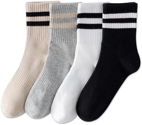 YUWELL Womens Striped Crew Socks, Cotton Cozy Casual Socks for Women 4 Pairs, Size 5-10