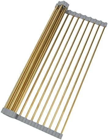 Snailhouse Roll Up Dish Drying Rack, Stainless Steel Dish Drainer Over The Sink with Anti-Slip Silicone for Kitchen Counter, Gold (17.8 x 11.8 in)