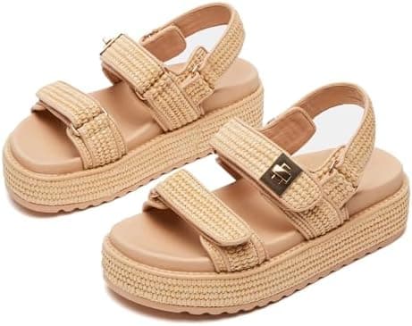 SOVANYOU Raffia Platform Wedge Sandals for Women Comfortable Summer Beach Sandals Open Toe Slingback Platform Sandals with Adjustable Double Buckle