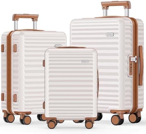 SHOWKOO Luggage Sets 3 Piece Hardside Expandable Suitcase with Double Spinner Wheels Tsa Lock Beige White (20in/24in/28)