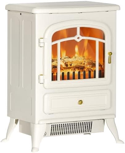 HOMCOM 22" Electric Fireplace Heater, Freestanding Fire Place Stove with Realistic LED Flames and Logs, and Overheating Protection, 725W/1450W, Beige