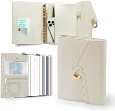 EGOSUNNY Luxury Journal – A5 Leather Binder Planner Cover with 80 Sheets, 5 Dividers, Removable Zip Pouch, Refillable Undated Organizer for Work, School, Personal Use, Pearl White