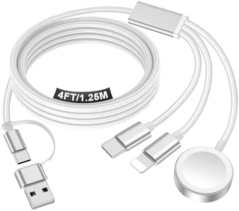 Travel Essentials for Apple Watch Charger,iPhone Charger,3 in 2 Type C/Lightning/Magnetic Fast Charging Cable,Multi Charging Cable Portable Designed for iWatch Series,iPhone 17-11,S26-S21,Car-4FT