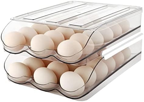 MesRosa Egg Holder for Fridge, Automatically Rolling Egg Storage Container for Refrigerator,Large Capacity Egg Organizer for Fridge with Lid,Clear Plastic Dispenser, Tray & Bin -2 Layer