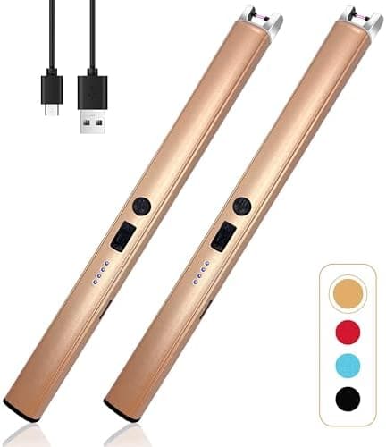 2 PCS Candle Lighter,Windproof Flameless Electric Lighter with LED Power Display ＆ Safety Switch, Upgraded Plasma USB Rechargeable Lighters for Birthday Camping BBQ (Champagne Gold)