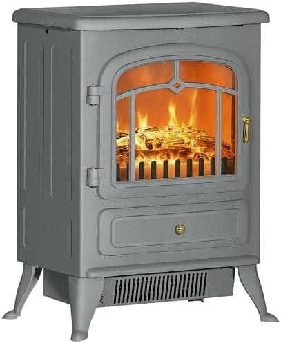 HOMCOM 22" Electric Fireplace Heater, Freestanding Fire Place Stove with Realistic LED Flames and Logs, and Overheating Protection, 725W/1450W, Gray