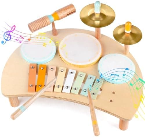 Kids Drum Set Montessori Musical Instruments for Toddlers 1-3, Wooden Baby Drum Kit with Xylophone, Preschool Music Toys for Early Learning, Educational Birthday Gift for Boys Girls (Multicolored)