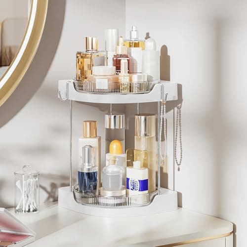 Delamu Bathroom Counter Organizer, Rotating Makeup Organizer Countertop, Easy to Install, Ideal for Bathroom Storage, Vanity, Perfume, Large Skincare Items, Present, and More, White