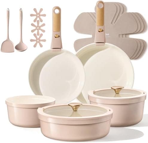 CAROTE 18 Pcs Ceramic Cookware Set Titanium Nonstick with Detachable Handles, Non Toxic Cookware, Pots and Pans Set Non Stick Removable Handles, Induction Available, Kitchen Cooking, Dishwasher Safe