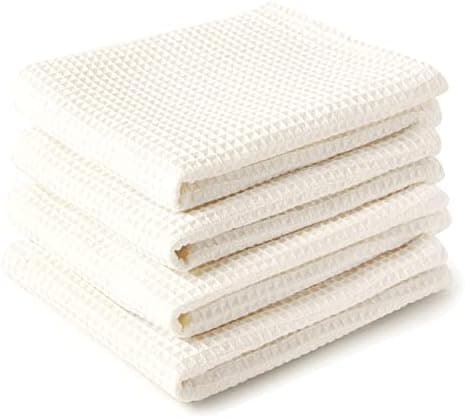 Encasa XO Kitchen Dish Towels Set | Solid Off White | Waffle Weave and Flat Hand Tea Towel | 28"x18" | Quick Drying Reusable Cotton Washcloths | Multipurpose Lightweight Dishcloths Set of 4