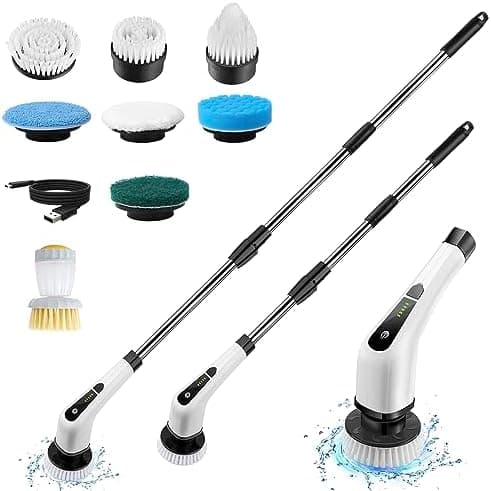 Exfeeko Electric Spin Scrubber for Cleaning: Cordless Bath Tub Scrub Brush with Long Handle & 7 Replaceable Heads - Multi Functional Power Shower Scrubber for Bathroom Tile Floor Bathtub Scrubbing